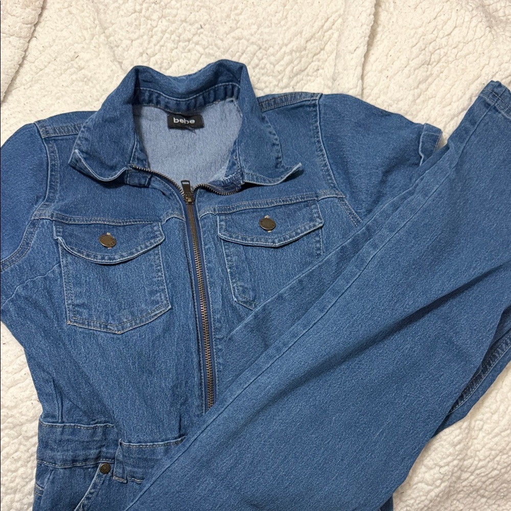 bebe Denim Zip-Front Jumpsuit in Medium Blue